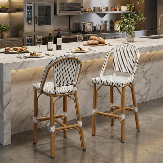 PURPLE LEAF Patio French Counter Stool Set of 2 Outdoor Backrest Barstools Aluminum Frame Woven Rattan for Indoor Kitchen Garden Balcony Restaurant