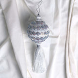 4" White Silver Ball Tassel Ornament Set Of 6