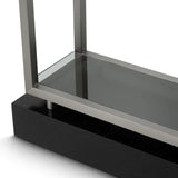 Cabinet Corrado II
Brushed steel finish | smoke glass | black veneer base