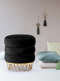 Revolve Plush Black Velvet Ottoman with Gold Stainless Steel Base - Stylish Contemporary Accent Piece
