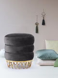 Revolve Plush Black Velvet Ottoman with Gold Stainless Steel Base - Stylish Contemporary Accent Piece