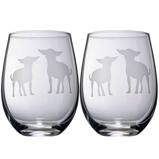 Set of 2 Chihuahua Dog Stemless Wine Glasses