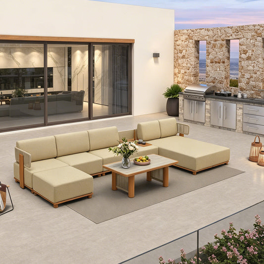 PURPLE LEAF Breck U-Shaped with table Modular Outdoor Sectional with Wood-Grain Aluminum Frame and Thick Teak-Colored Cushions for Family Entertaining