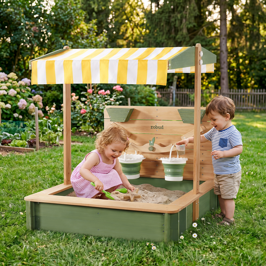 ROBUD Kids Wooden Outdoor Sandbox with 180° Adjustable Canopy