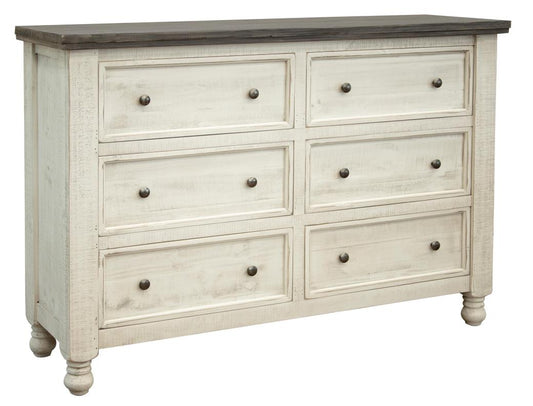 6 Drawer Dresser - Farmhouse White & Gray Solid Pine Wood