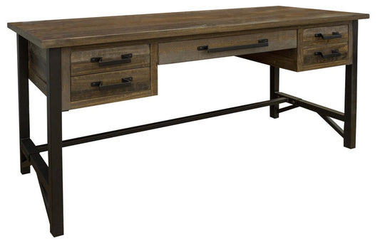 5 Drawer Desk - Loft Brown Pine Wood Desk with Iron Hardware