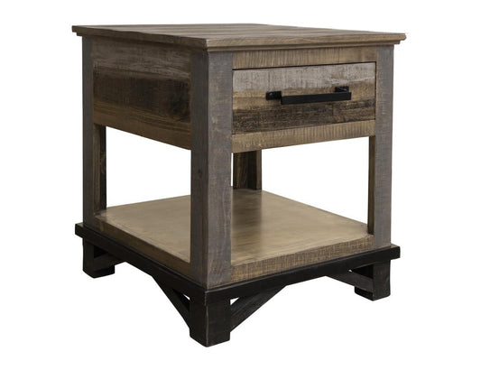 1 Drawer End Table - Loft Brown Pine Wood & Iron Hardware