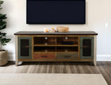 2 Drawer 2 Iron Mesh Doors 76" Rustic TV Stand - Antique Pine