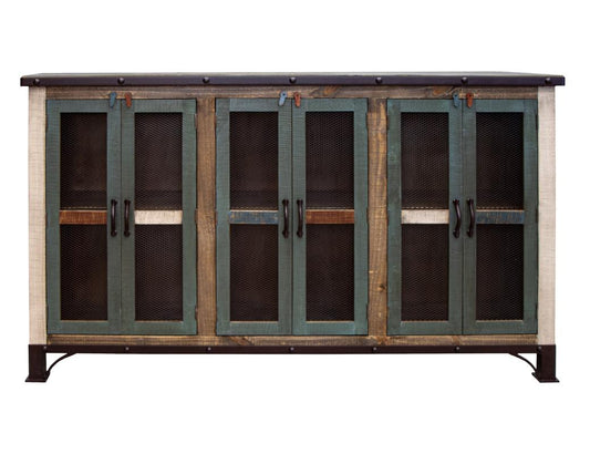 6 Iron Mesh Door 71" Console - Rustic Antique Multicolor