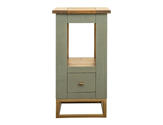 Timber Chairside Table - Green Lacquer Wood with Drawer & Shelf