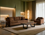 Zaphiro Armchair - Modern Camel Suede Chair with Wood Base