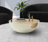 Doma Round Contemporary Metal Coffee Table with Glass Top and Brushed Gold Finish for Modern Spaces