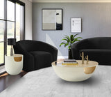 Doma Round Contemporary Metal Coffee Table with Glass Top and Brushed Gold Finish for Modern Spaces