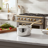 Mauviel M'ELITE B Hammered 5-Ply Sauce Pan With Curved Lid, Brass Handle
