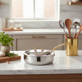 Mauviel M'ELITE B Hammered 5-Ply Saute Pan With Curved Lid, Brass Handle