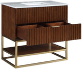 Monad Carrara Marble Contemporary Bathroom Vanity with Brushed Gold Base and Elegant Design