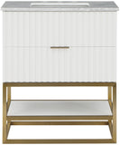 Monad Carrara Marble Contemporary Bathroom Vanity with Brushed Gold Base and Elegant Design