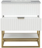 Monad Carrara Marble Contemporary Bathroom Vanity with Brushed Gold Base and Elegant Design