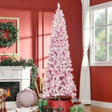 HOMCOM 7.5ft Tall Unlit Snow Flocked Artificial Christmas Tree Slim Pencil Xmas Tree with Pine Shape and Realistic Branches, Pink