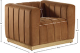 Marlon Velvet Chair – Elegant Saddle Design with Channel Tufting & Brushed Gold Stainless Steel Base