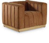 Marlon Velvet Chair – Elegant Saddle Design with Channel Tufting & Brushed Gold Stainless Steel Base