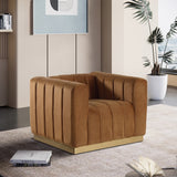 Marlon Velvet Chair – Elegant Saddle Design with Channel Tufting & Brushed Gold Stainless Steel Base