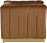 Marlon Velvet Chair – Elegant Saddle Design with Channel Tufting & Brushed Gold Stainless Steel Base