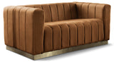 Marlon Velvet Loveseat - Channel Tufted Comfort with Saddle Upholstery & Brushed Gold Base Elegance