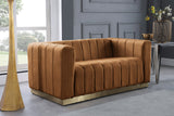 Marlon Velvet Loveseat - Channel Tufted Comfort with Saddle Upholstery & Brushed Gold Base Elegance