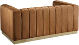Marlon Velvet Loveseat - Channel Tufted Comfort with Saddle Upholstery & Brushed Gold Base Elegance