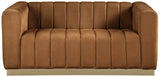 Marlon Velvet Loveseat - Channel Tufted Comfort with Saddle Upholstery & Brushed Gold Base Elegance