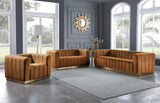 Marlon Velvet Loveseat - Channel Tufted Comfort with Saddle Upholstery & Brushed Gold Base Elegance