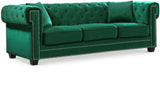 Bowery Velvet Contemporary Sofa with Plush Tufted Design, Nailhead Trim, and Throw Pillows Included