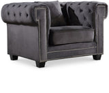 Bowery Contemporary Chair with Tufted Velvet Upholstery, Chrome Nailheads, and Cozy Throw Pillows
