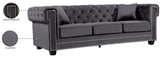 Bowery Velvet Contemporary Sofa with Plush Tufted Design, Nailhead Trim, and Throw Pillows Included