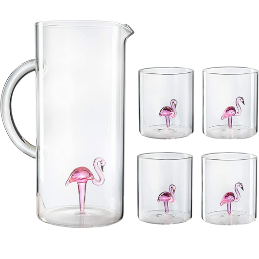 The Wine Savant Flamingo Pitcher & 4 Glasses Set Decanter