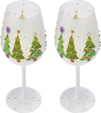 Set of 2 Stemmed Christmas Tree Design Wine Glasses - 14 oz