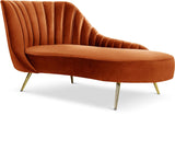 Margo Velvet Lounge Chaise with Gold Stainless Steel Legs and Curved Design for Modern Homes