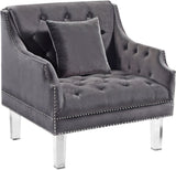 Roxy Contemporary Chair: Elegant Velvet Seating with Deep Button Tufting and Chic Acrylic Legs