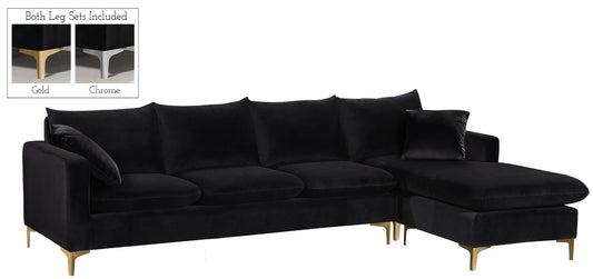 Naomi Velvet Sectional Sofa Set with Reversible Chaise and Customizable Gold & Chrome Legs