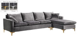 Naomi Velvet Sectional Sofa Set with Reversible Chaise and Customizable Gold & Chrome Legs