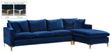 Naomi Velvet Sectional Sofa Set with Reversible Chaise and Customizable Gold & Chrome Legs
