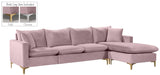 Naomi Velvet Sectional Sofa Set with Reversible Chaise and Customizable Gold & Chrome Legs