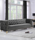 Michelle Velvet Sofa with Gold Nailhead Trim and Iron Legs - Glamorous Contemporary Design