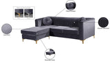 Eliana Grey Velvet Reversible Sectional Sofa with Gold & Chrome Legs, Plush Upholstery & Pillows