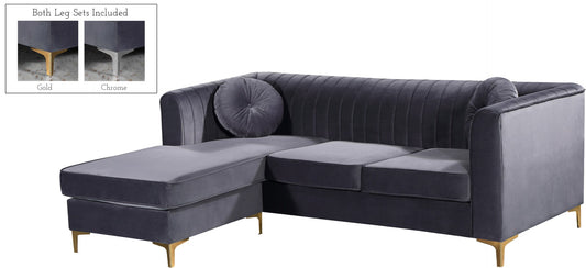 Eliana Grey Velvet Reversible Sectional Sofa with Gold & Chrome Legs, Plush Upholstery & Pillows