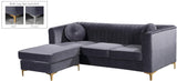Eliana Grey Velvet Reversible Sectional Sofa with Gold & Chrome Legs, Plush Upholstery & Pillows