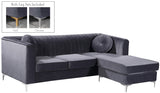 Eliana Grey Velvet Reversible Sectional Sofa with Gold & Chrome Legs, Plush Upholstery & Pillows