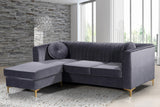 Eliana Grey Velvet Reversible Sectional Sofa with Gold & Chrome Legs, Plush Upholstery & Pillows