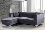 Eliana Grey Velvet Reversible Sectional Sofa with Gold & Chrome Legs, Plush Upholstery & Pillows